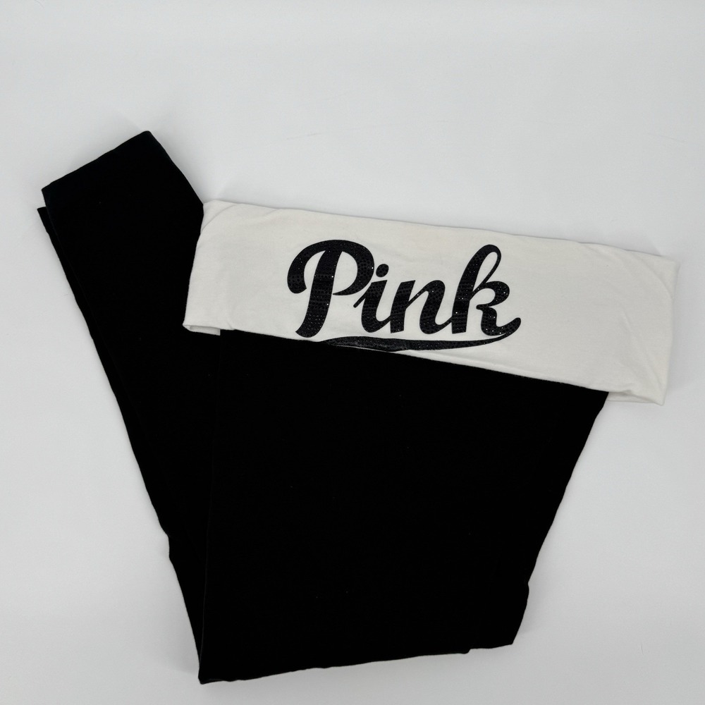 PINK Victoria's Secret Yoga Leggings Women's Large Black Foldover Bling Logo Y2K